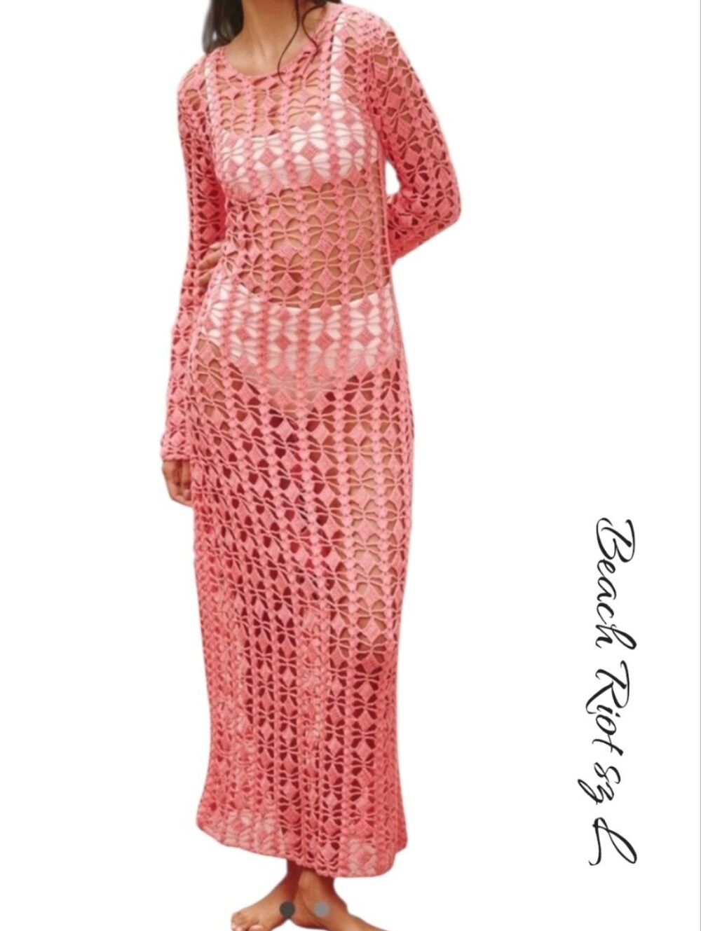 Beach Riot Ariana Crochet Maxi Dress Hot Coral L NWT Cover Up Knit - Picture 2 of 15